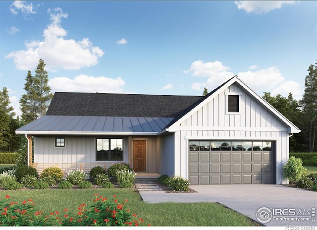 modern farmhouse style home featuring board and batten siding, a shingled roof, a front lawn, concrete driveway, and an attached garage