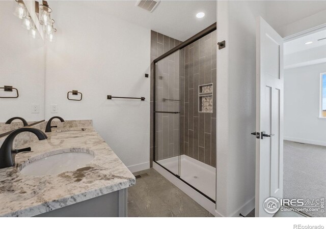 448 Cache Ave, Fort Morgan, CO 80701 - full bathroom featuring baseboards, visible vents, a sink, and a shower stall