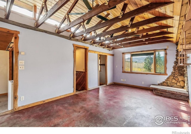 interior space featuring high vaulted ceiling, beam ceiling, wood ceiling, and concrete floors