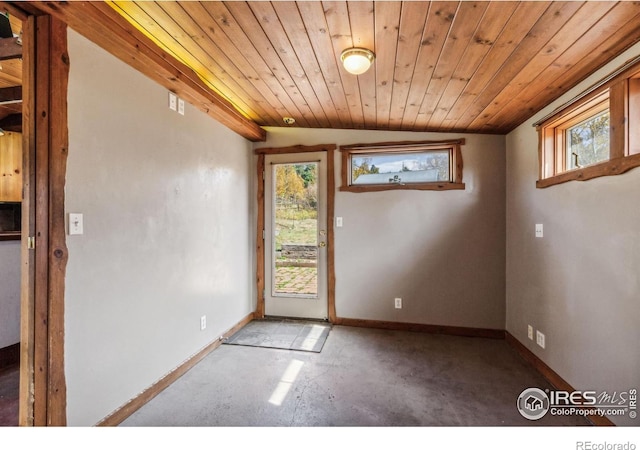 interior space featuring vaulted ceiling, a healthy amount of sunlight, and wooden ceiling