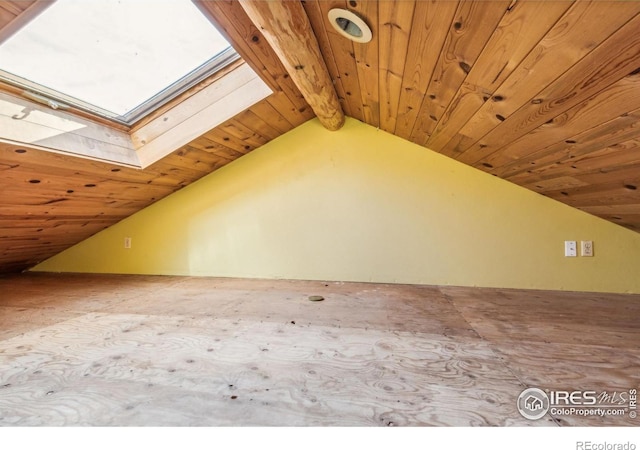 additional living space with lofted ceiling with skylight and wooden ceiling