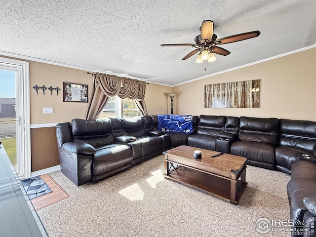 living area with a textured ceiling, a ceiling fan, and ornamental molding