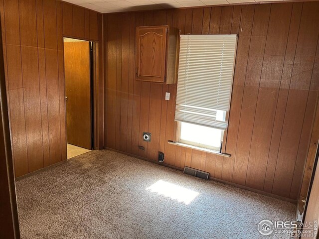 carpeted spare room featuring wood walls