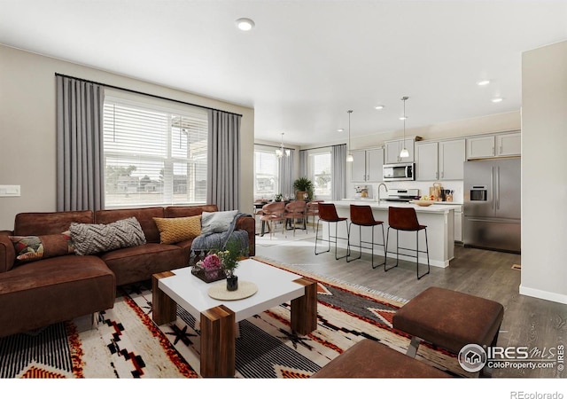 living room featuring a notable chandelier, sink, and dark hardwood / wood-style flooring