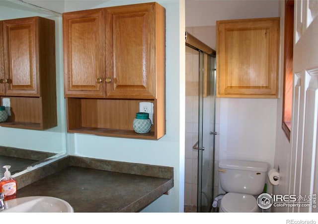 bathroom with sink, a shower with shower door, and toilet