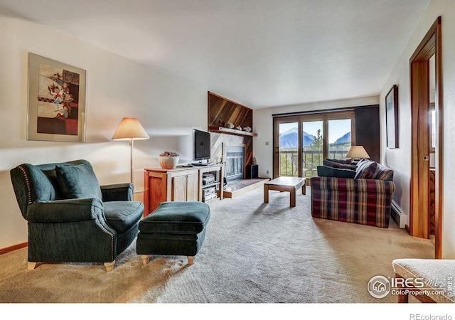 living room with light carpet and a baseboard heating unit