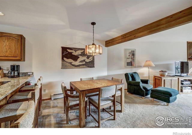 carpeted dining area with beamed ceiling, a chandelier, and a baseboard radiator