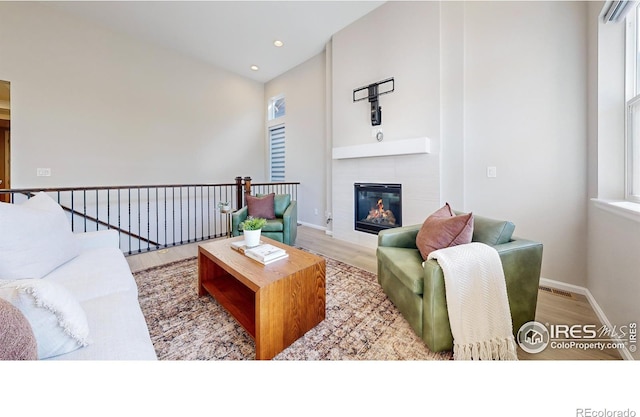 3107 Deering Lake Dr, Loveland, CO 80538 - living room featuring a wealth of natural light, baseboards, wood finished floors, and a fireplace