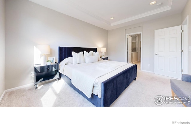 3107 Deering Lake Dr, Loveland, CO 80538 - bedroom with recessed lighting, a raised ceiling, baseboards, and light carpet