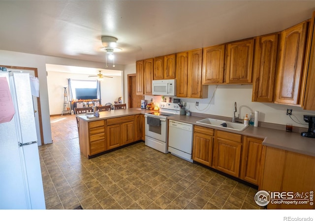 kitchen featuring ceiling fan, kitchen peninsula, sink, and white appliances