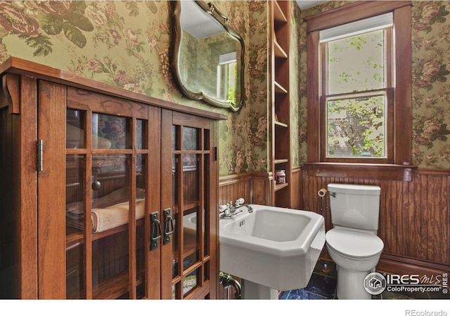 bathroom featuring wood walls, sink, and toilet