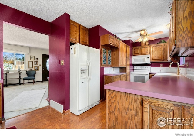 kitchen with white appliances, sink, a textured ceiling, light hardwood / wood-style floors, and ceiling fan