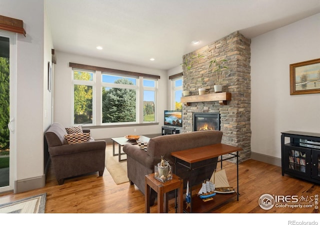 living room with light hardwood / wood-style flooring and a fireplace