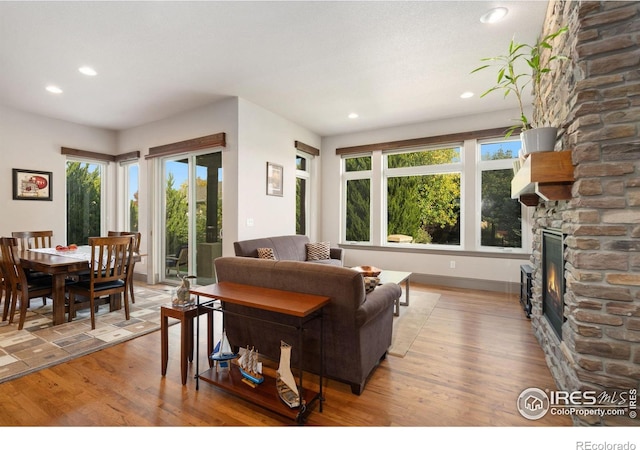 living room with a fireplace, plenty of natural light, and hardwood / wood-style flooring