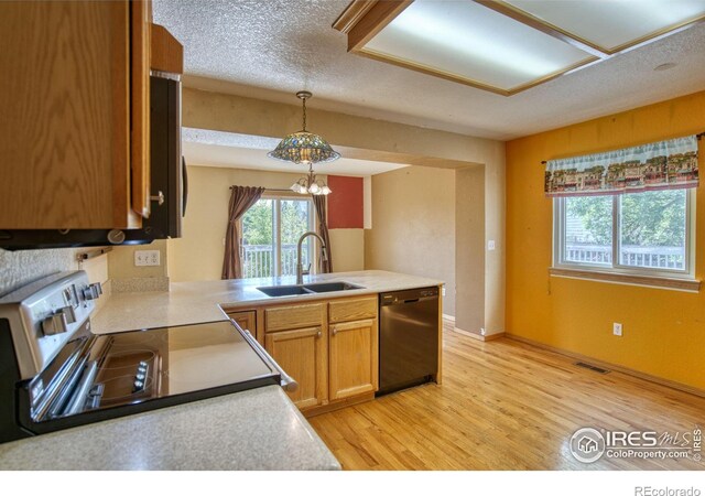 kitchen with light wood-type flooring, sink, black dishwasher, electric stove, and decorative light fixtures