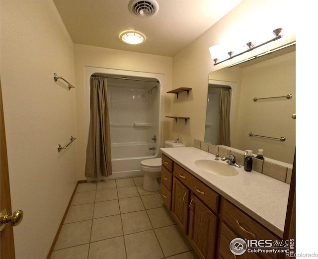 full bath featuring visible vents, toilet, shower / tub combo, tile patterned flooring, and vanity