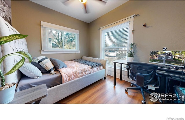 bedroom featuring hardwood / wood-style floors and ceiling fan