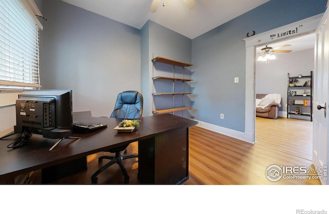 office with wood-type flooring and ceiling fan