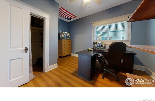 home office featuring ceiling fan and hardwood / wood-style floors