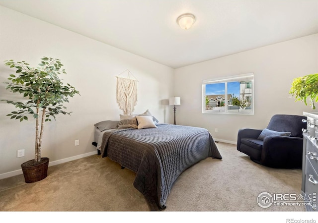 bedroom featuring light colored carpet