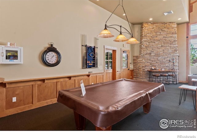 playroom with a towering ceiling, carpet flooring, and billiards