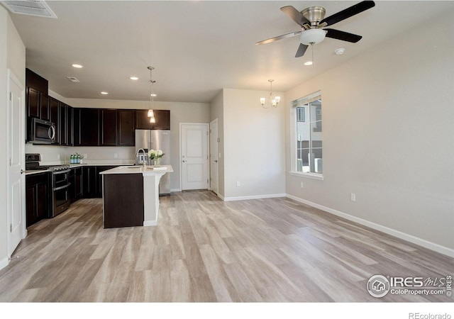 kitchen featuring light hardwood / wood-style floors, appliances with stainless steel finishes, pendant lighting, and a center island with sink