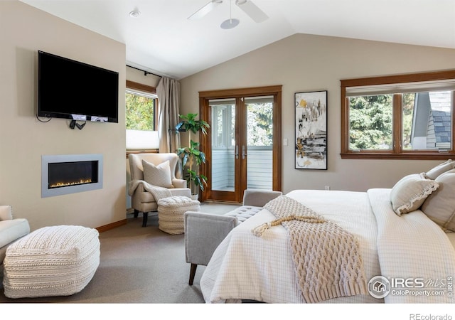 carpeted bedroom featuring french doors, ceiling fan, access to outside, and lofted ceiling