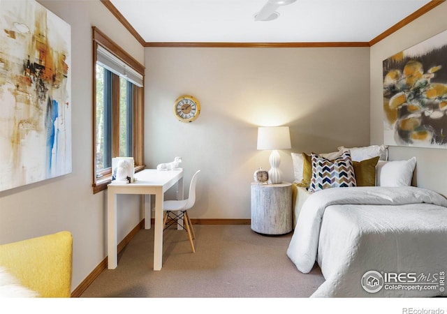 carpeted bedroom featuring crown molding