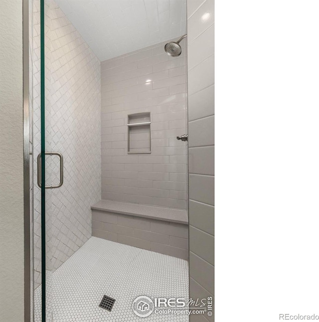 bathroom featuring a shower with shower door