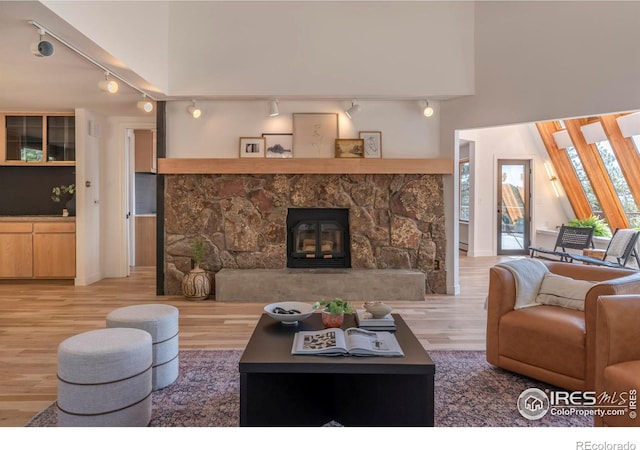 living room with a stone fireplace, wood-type flooring, and rail lighting