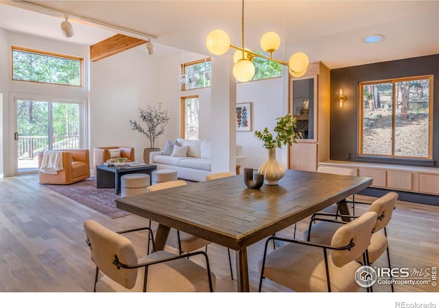 dining room featuring beam ceiling, a towering ceiling, and hardwood / wood-style floors