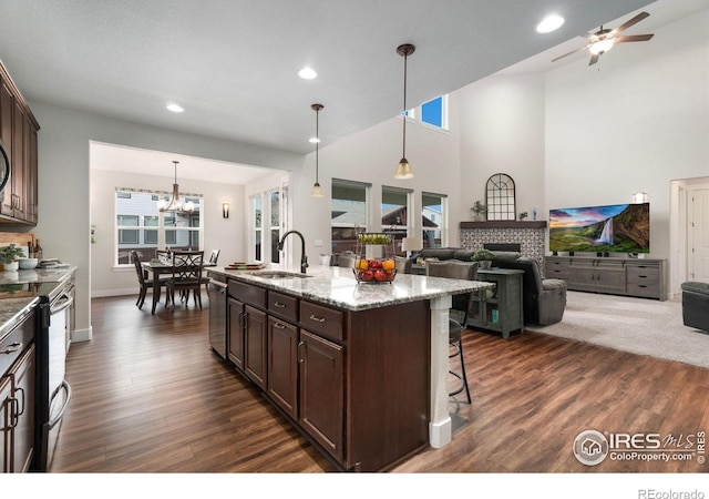 kitchen with appliances with stainless steel finishes, sink, decorative light fixtures, light stone counters, and a center island with sink