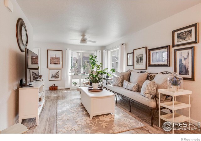 living room with a textured ceiling, light hardwood / wood-style floors, and ceiling fan