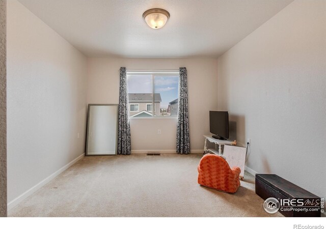 sitting room with light colored carpet