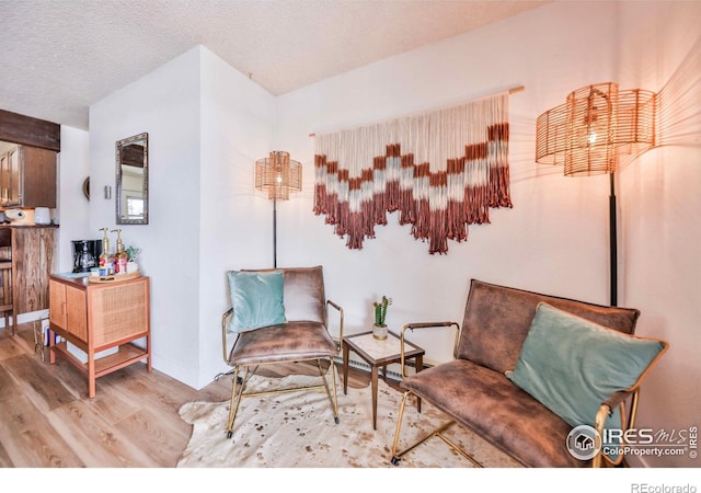 sitting room featuring a textured ceiling and light wood-type flooring