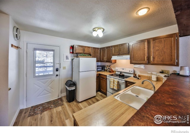 kitchen featuring a textured ceiling, sink, light wood-type flooring, and white appliances