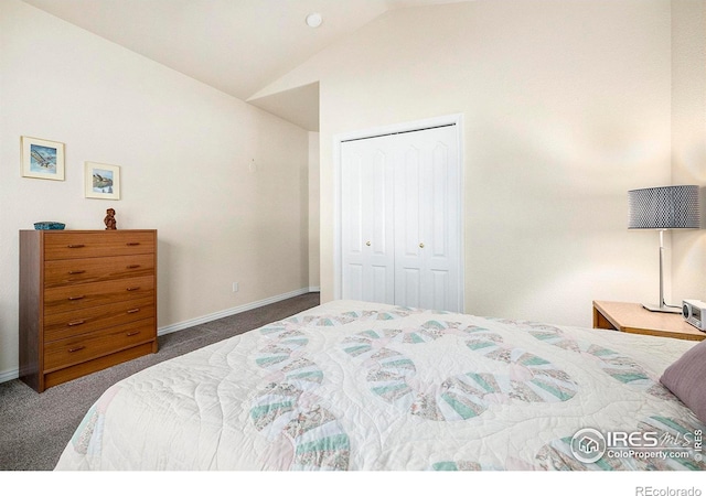 carpeted bedroom featuring a closet and lofted ceiling