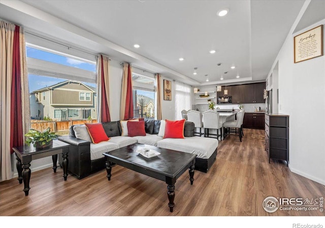 living room featuring a wealth of natural light and hardwood / wood-style flooring