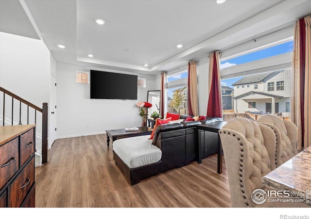 living room with hardwood / wood-style flooring and a raised ceiling