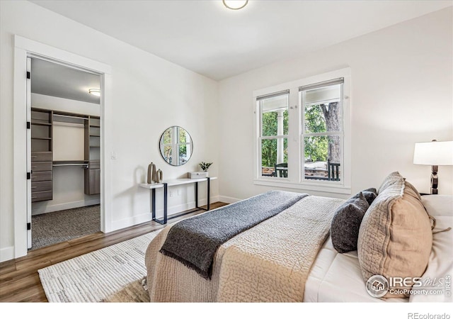 bedroom featuring a walk in closet, hardwood / wood-style floors, a closet, and a barn door