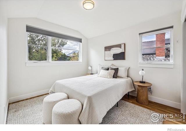 bedroom featuring wood-type flooring and vaulted ceiling