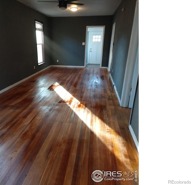 interior space featuring ceiling fan and dark hardwood / wood-style flooring