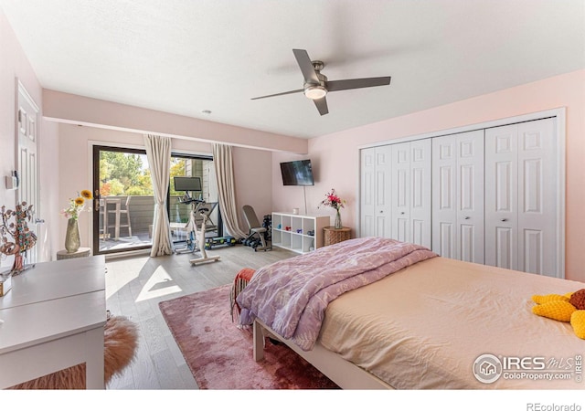 bedroom with a ceiling fan, wood finished floors, access to outside, and a closet