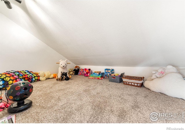 rec room featuring lofted ceiling, a textured ceiling, and carpet floors