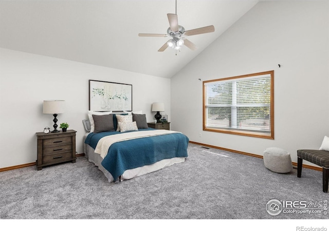 bedroom featuring ceiling fan, high vaulted ceiling, and light colored carpet