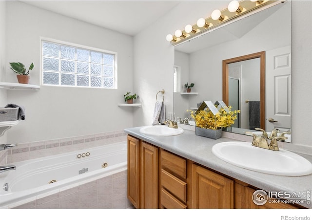 bathroom featuring vanity and separate shower and tub