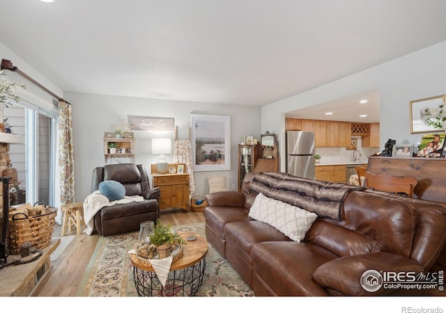 living room featuring sink and light hardwood / wood-style flooring