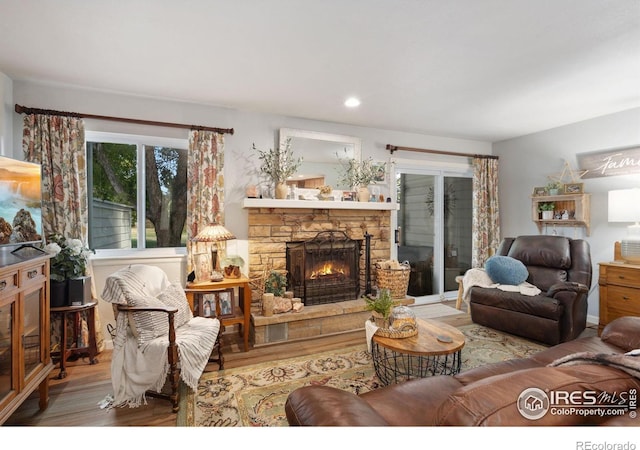 living room with a stone fireplace and light hardwood / wood-style floors