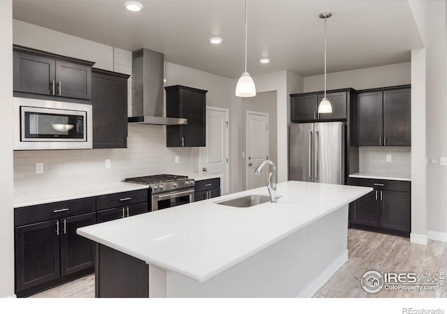 kitchen with wall chimney range hood, sink, high quality appliances, hanging light fixtures, and a kitchen island with sink