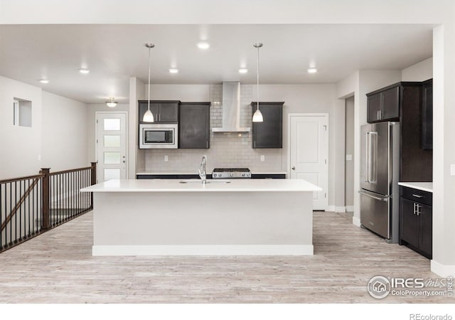 kitchen featuring stainless steel appliances, wall chimney exhaust hood, pendant lighting, and a center island with sink